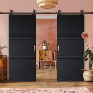 Image: Top Mounted Black Sliding Track & Solid Wood Double Doors - V-Line® Grooved Flush Doors V006 - Premium Primed - Six Colour Options