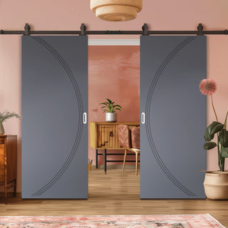 Image: Top Mounted Black Sliding Track & Solid Wood Double Doors - V-Line® Grooved Flush Doors V008 - Premium Primed - Six Colour Options