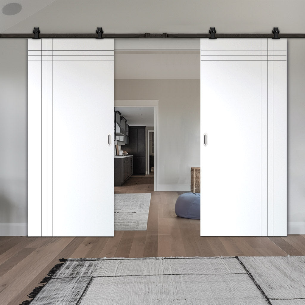 Top Mounted Black Sliding Track & Solid Wood Double Doors - V-Line® Grooved Flush Doors V019 - Premium Primed - Six Colour Options