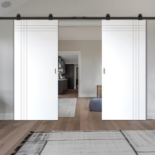 Image: Top Mounted Black Sliding Track & Solid Wood Double Doors - V-Line® Grooved Flush Doors V019 - Premium Primed - Six Colour Options