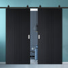 Top Mounted Black Sliding Track & Solid Wood Double Doors - V-Line® Grooved Flush Doors V021 - Premium Primed - Six Colour Options