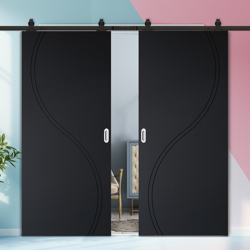 Top Mounted Black Sliding Track & Solid Wood Double Doors - V-Line® Grooved Flush Doors V027 - Premium Primed - Six Colour Options