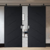 Top Mounted Black Sliding Track & Solid Wood Double Doors - V-Line® Grooved Flush Doors V070 - Premium Primed - Six Colour Options