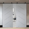 Top Mounted Black Sliding Track & Solid Wood Double Doors - V-Line® Grooved Flush Doors V070 - Premium Primed - Six Colour Options