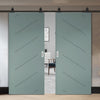 Top Mounted Black Sliding Track & Solid Wood Double Doors - V-Line® Grooved Flush Doors V070 - Premium Primed - Six Colour Options