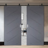 Top Mounted Black Sliding Track & Solid Wood Double Doors - V-Line® Grooved Flush Doors V070 - Premium Primed - Six Colour Options