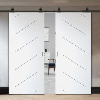 Image: Top Mounted Black Sliding Track & Solid Wood Double Doors - V-Line® Grooved Flush Doors V070 - Premium Primed - Six Colour Options