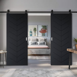 Image: Top Mounted Black Sliding Track & Solid Wood Double Doors - V-Line® Grooved Flush Doors V071 - Premium Primed - Six Colour Options