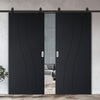 Top Mounted Black Sliding Track & Solid Wood Double Doors - V-Line® Grooved Flush Doors V076 - Premium Primed - Six Colour Options