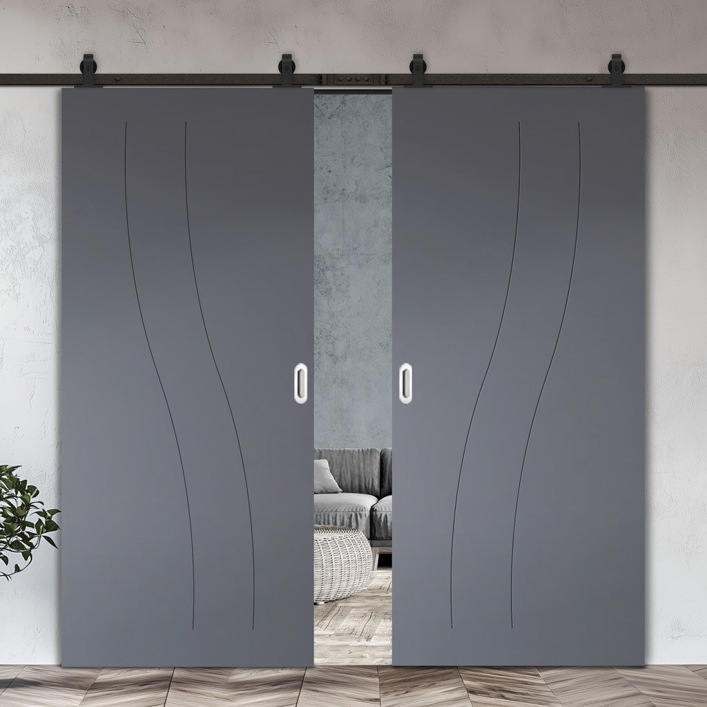 Top Mounted Black Sliding Track & Solid Wood Double Doors - V-Line® Grooved Flush Doors V076 - Premium Primed - Six Colour Options