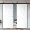 Top Mounted Black Sliding Track & Solid Wood Double Doors - V-Line® Grooved Flush Doors V076 - Premium Primed - Six Colour Options