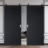 Top Mounted Black Sliding Track & Solid Wood Double Doors - V-Line® Grooved Flush Doors V078 - Premium Primed - Six Colour Options