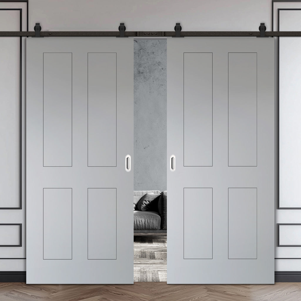 Top Mounted Black Sliding Track & Solid Wood Double Doors - V-Line® Grooved Flush Doors V078 - Premium Primed - Six Colour Options