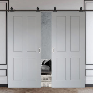 Image: Top Mounted Black Sliding Track & Solid Wood Double Doors - V-Line® Grooved Flush Doors V078 - Premium Primed - Six Colour Options