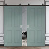 Top Mounted Black Sliding Track & Solid Wood Double Doors - V-Line® Grooved Flush Doors V078 - Premium Primed - Six Colour Options