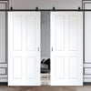 Top Mounted Black Sliding Track & Solid Wood Double Doors - V-Line® Grooved Flush Doors V078 - Premium Primed - Six Colour Options