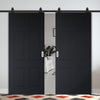 Top Mounted Black Sliding Track & Solid Wood Double Doors - V-Line® Grooved Flush Doors V079 - Premium Primed - Six Colour Options