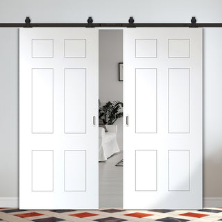 Image: Top Mounted Black Sliding Track & Solid Wood Double Doors - V-Line® Grooved Flush Doors V079 - Premium Primed - Six Colour Options