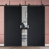 Top Mounted Black Sliding Track & Solid Wood Double Doors - V-Line® Grooved Flush Doors V080 - Premium Primed - Six Colour Options