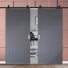 Top Mounted Black Sliding Track & Solid Wood Double Doors - V-Line® Grooved Flush Doors V080 - Premium Primed - Six Colour Options