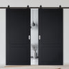 Top Mounted Black Sliding Track & Solid Wood Double Doors - V-Line® Grooved Flush Doors V081 - Premium Primed - Six Colour Options