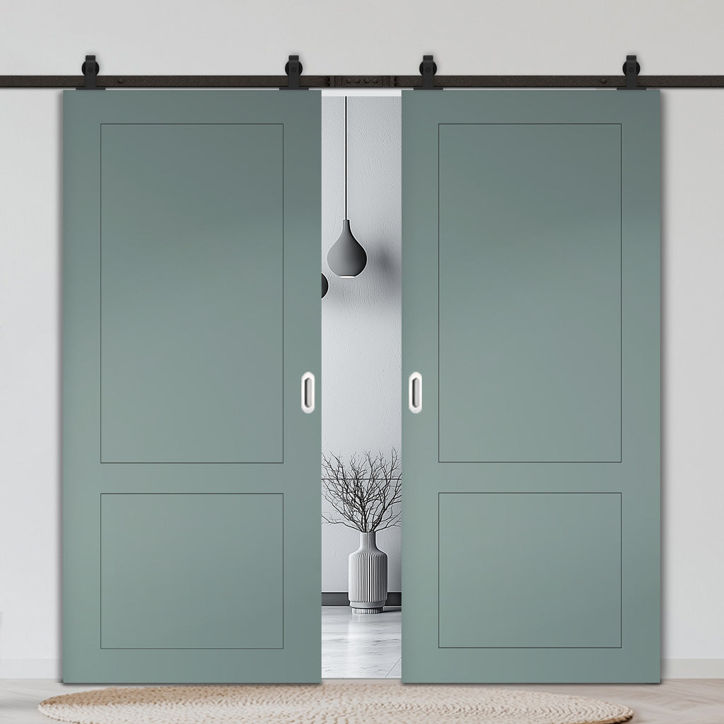 Top Mounted Black Sliding Track & Solid Wood Double Doors - V-Line® Grooved Flush Doors V081 - Premium Primed - Six Colour Options