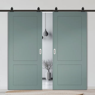 Image: Top Mounted Black Sliding Track & Solid Wood Double Doors - V-Line® Grooved Flush Doors V081 - Premium Primed - Six Colour Options