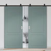 Top Mounted Black Sliding Track & Solid Wood Double Doors - V-Line® Grooved Flush Doors V081 - Premium Primed - Six Colour Options