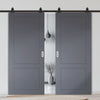 Top Mounted Black Sliding Track & Solid Wood Double Doors - V-Line® Grooved Flush Doors V081 - Premium Primed - Six Colour Options