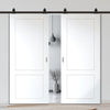 Top Mounted Black Sliding Track & Solid Wood Double Doors - V-Line® Grooved Flush Doors V081 - Premium Primed - Six Colour Options