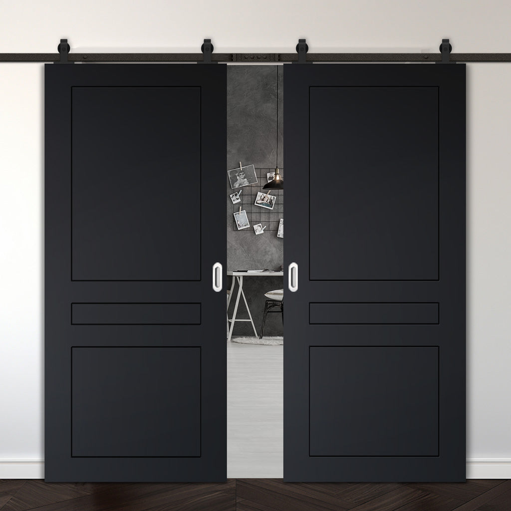 Top Mounted Black Sliding Track & Solid Wood Double Doors - V-Line® Grooved Flush Doors V082 - Premium Primed - Six Colour Options