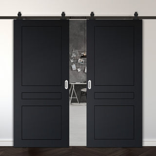 Image: Top Mounted Black Sliding Track & Solid Wood Double Doors - V-Line® Grooved Flush Doors V082 - Premium Primed - Six Colour Options