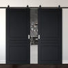 Top Mounted Black Sliding Track & Solid Wood Double Doors - V-Line® Grooved Flush Doors V082 - Premium Primed - Six Colour Options