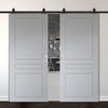 Top Mounted Black Sliding Track & Solid Wood Double Doors - V-Line® Grooved Flush Doors V082 - Premium Primed - Six Colour Options