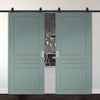 Top Mounted Black Sliding Track & Solid Wood Double Doors - V-Line® Grooved Flush Doors V082 - Premium Primed - Six Colour Options