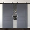 Top Mounted Black Sliding Track & Solid Wood Double Doors - V-Line® Grooved Flush Doors V082 - Premium Primed - Six Colour Options