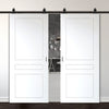 Top Mounted Black Sliding Track & Solid Wood Double Doors - V-Line® Grooved Flush Doors V082 - Premium Primed - Six Colour Options