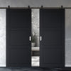 Top Mounted Black Sliding Track & Solid Wood Double Doors - V-Line® Grooved Flush Doors V083 - Premium Primed - Six Colour Options