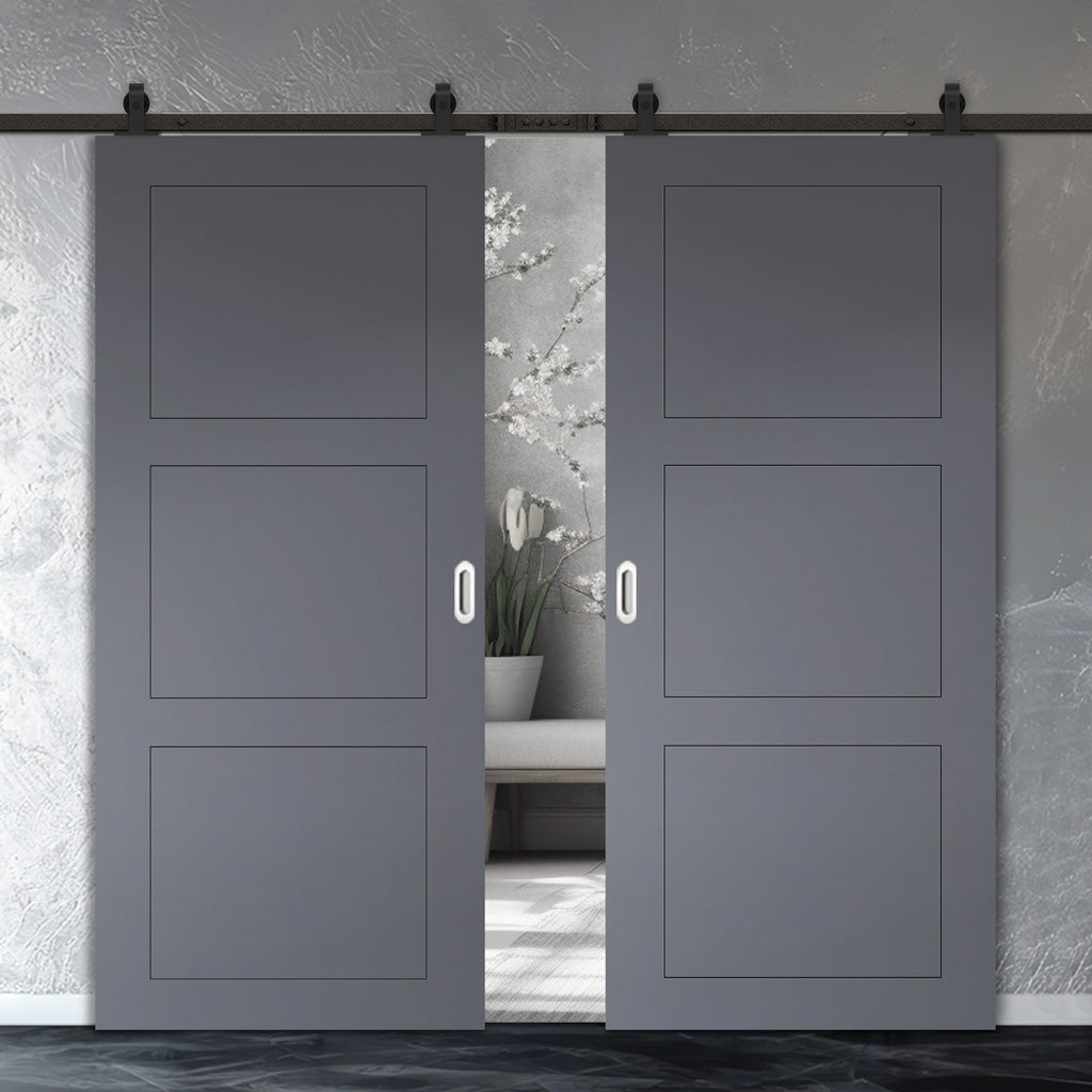 Top Mounted Black Sliding Track & Solid Wood Double Doors - V-Line® Grooved Flush Doors V083 - Premium Primed - Six Colour Options