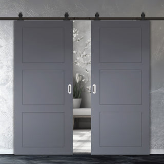 Image: Top Mounted Black Sliding Track & Solid Wood Double Doors - V-Line® Grooved Flush Doors V083 - Premium Primed - Six Colour Options