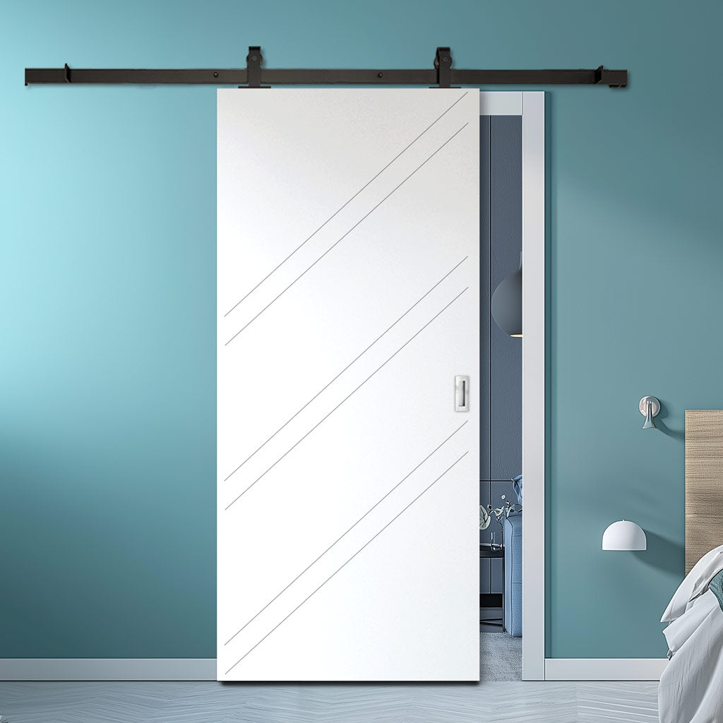 Top Mounted Black Sliding Track & Solid Wood Door - V-Line® Grooved Flush Door V002 - Premium Primed - Six Colour Options