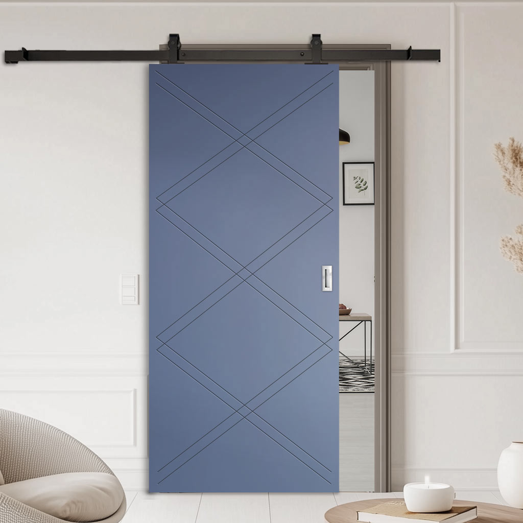 Top Mounted Black Sliding Track & Solid Wood Door - V-Line® Grooved Flush Door V003 - Premium Primed - Six Colour Options