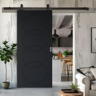 Image: Top Mounted Black Sliding Track & Solid Wood Door - V-Line® Grooved Flush Door V011 - Premium Primed - Six Colour Options