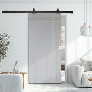 Image: Top Mounted Black Sliding Track & Solid Wood Door - V-Line® Grooved Flush Door V019 - Premium Primed - Six Colour Options