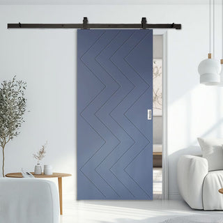 Image: Top Mounted Black Sliding Track & Solid Wood Door - V-Line® Grooved Flush Door V031 - Premium Primed - Six Colour Options