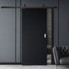 Top Mounted Black Sliding Track & Solid Wood Door - V-Line® Grooved Flush Door V038 - Premium Primed - Six Colour Options