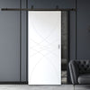 Top Mounted Black Sliding Track & Solid Wood Door - V-Line® Grooved Flush Door V038 - Premium Primed - Six Colour Options