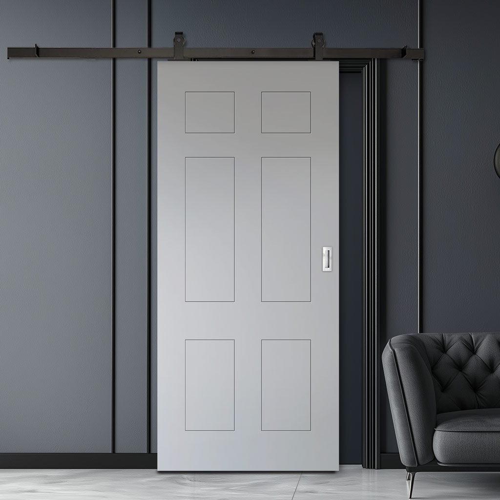 Top Mounted Black Sliding Track & Solid Wood Door - V-Line® Grooved Flush Door V079 - Premium Primed - Six Colour Options