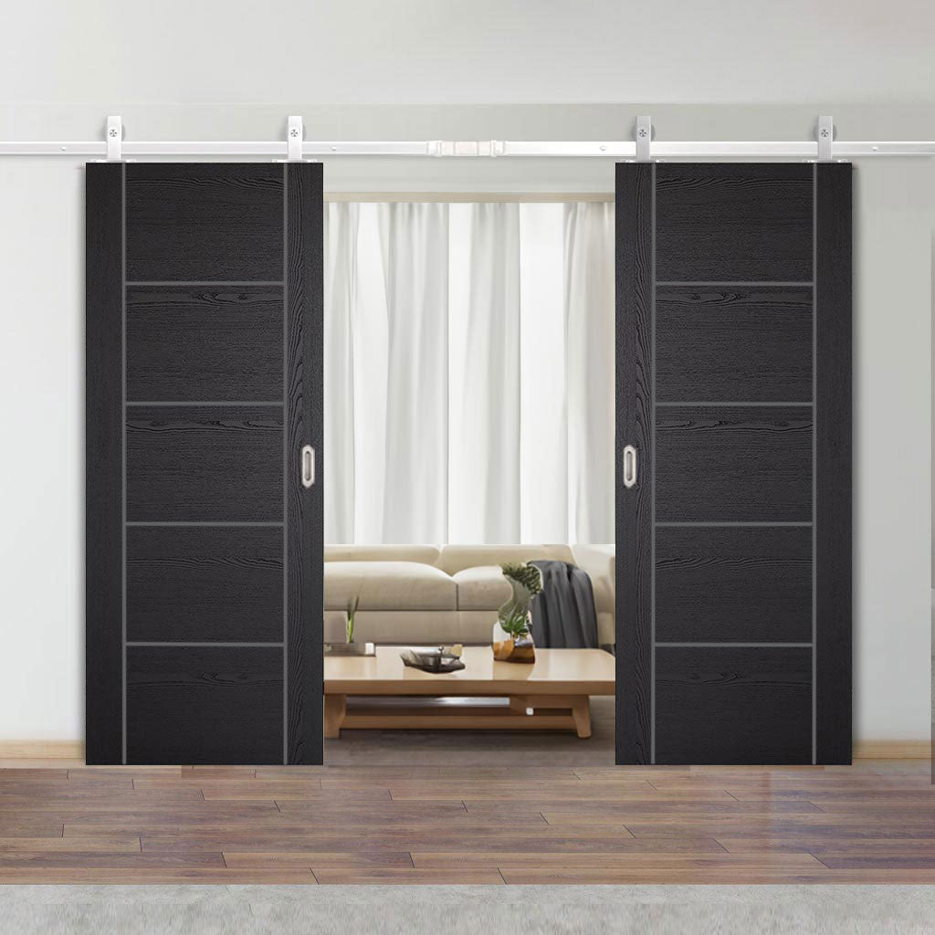 Top Mounted Stainless Steel Sliding Track & Double Door - Laminate Vancouver Flush Black Doors - Prefinished