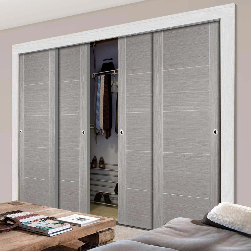 Minimalist Wardrobe Door & Frame Kit - Four Vancouver Flush Ash Grey Doors - Prefinished
